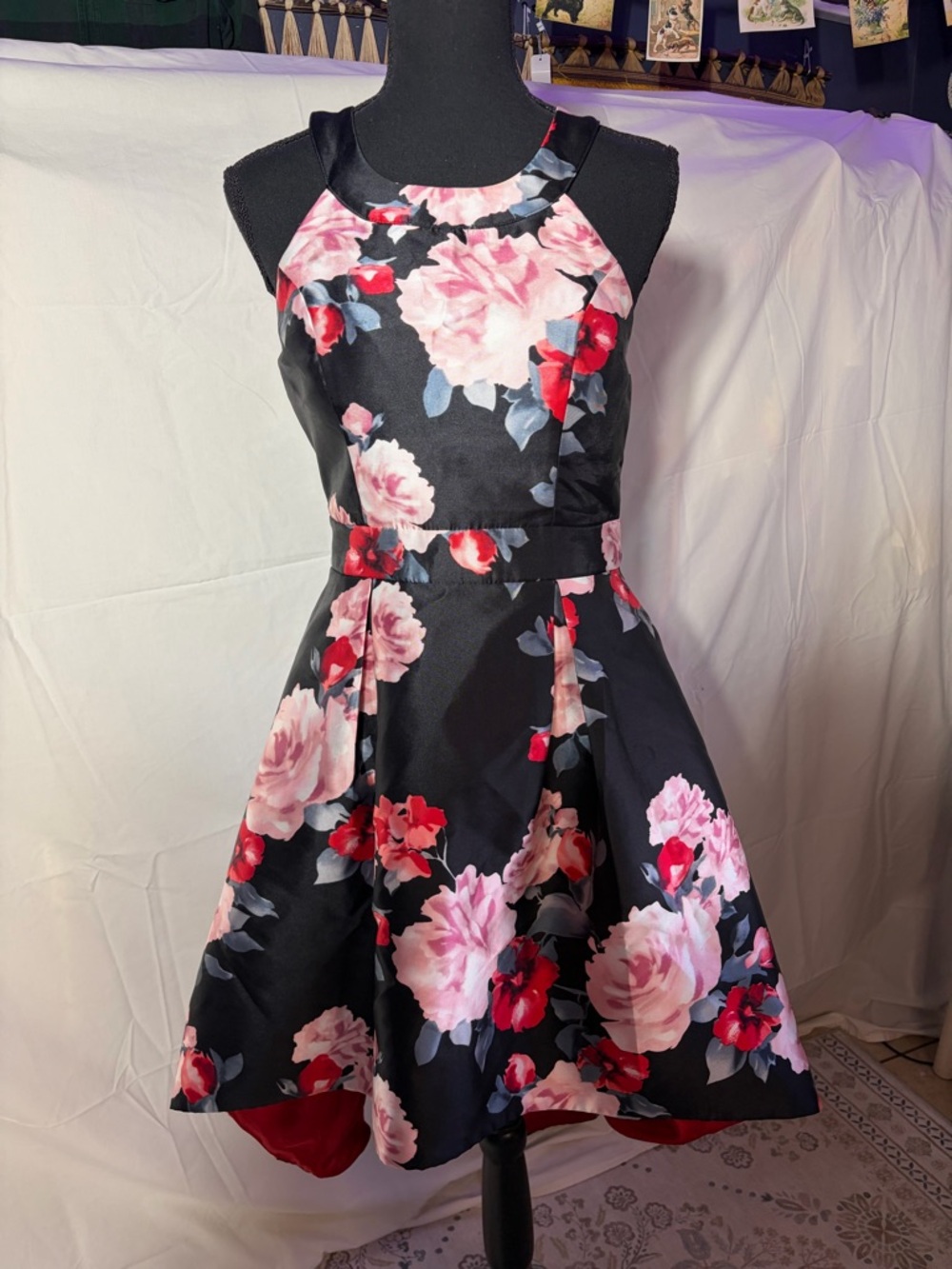 Trixxi Floral Halter Fit & Flare Dress Decorative Bow Back Black Pink Small - Picture 2 of 7